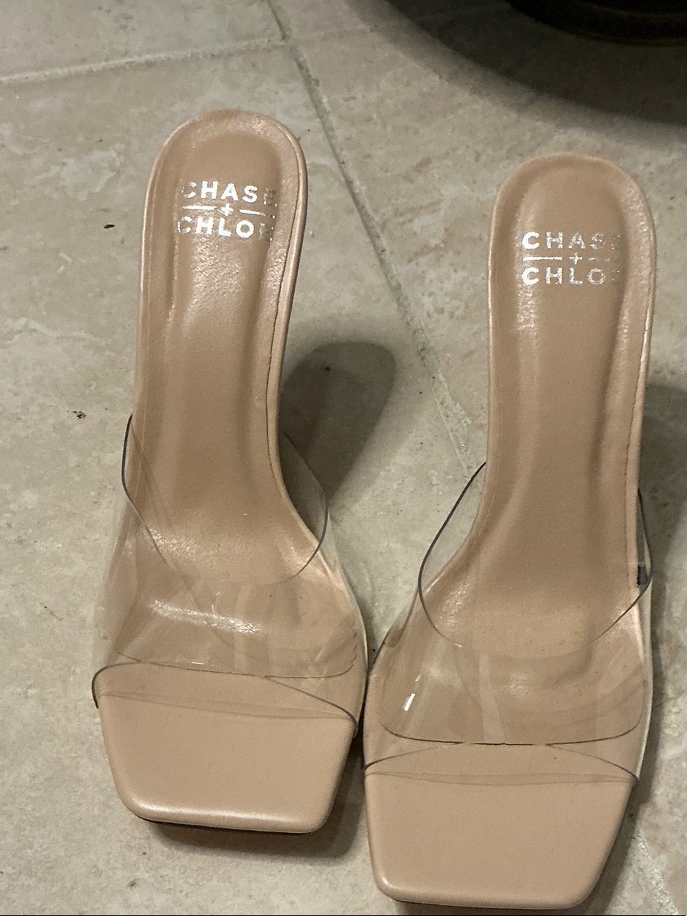Chase + Chloe Beige Slide Mules with Clear PVC Strap